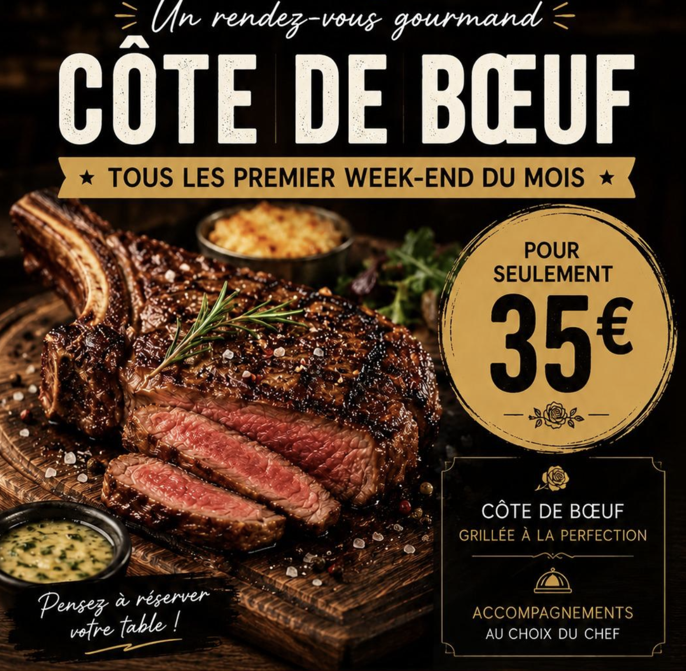 Côte de bœuf proposée à La Rose d'Or le premier week-end du mois